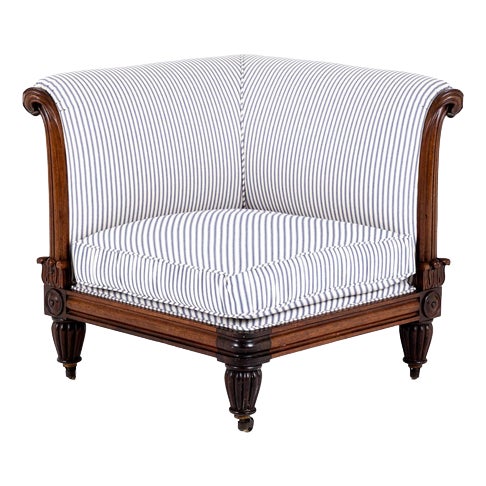 Antique Corner Lounge Chair in Princeton Ticking, 1800s For Sale