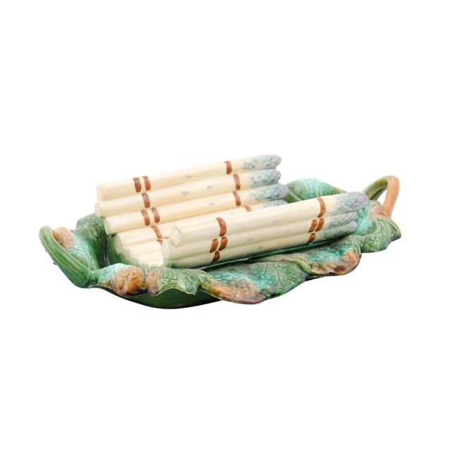 French 19th Century Majolica Asparagus Serving Tray with Oval Foliage Plate For Sale - Image 13 of 13