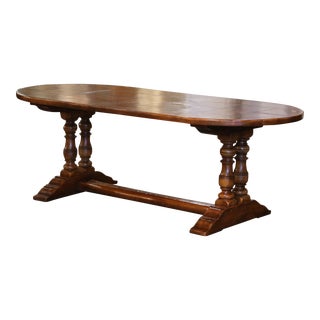 Midcentury French Carved Walnut Parquetry Oval Trestle Dining Table For Sale