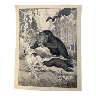 1940s Original Signed Graphite Illustration of Bear Confronting Hunting Dog, 12 × 9.5 In. For Sale