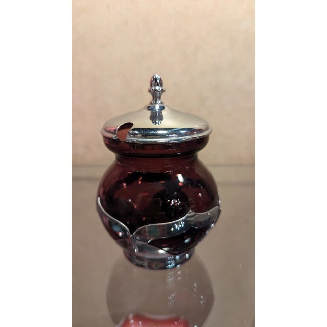 Art Deco Farberware and Cambridge aubergine purple glass trivet, sugar server with lid.