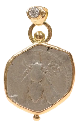 Bee with Diamond Coin Pendant Trimmed in 18K Gold