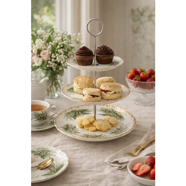 A refined vintage three-tier porcelain tidbit tray, decorated with lily-of-the-valley motifs and finished with softly...