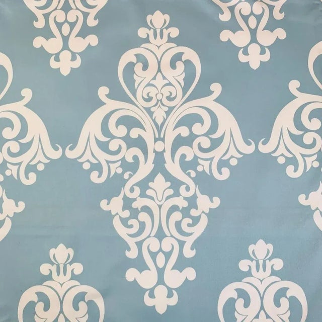 Free Spirit Designer Vicki Payne Aqua & Cream Damask Fleur De Lis Scroll Fabric Sample For Sale