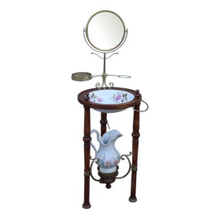 Bedroom Washstand with Basin, Pitcher, and Mirror For Sale