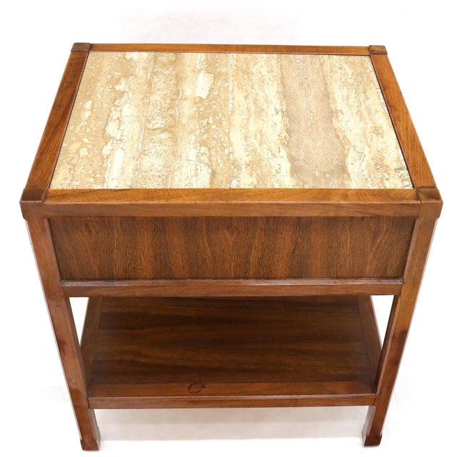 Brown 1970s John Widdicomb Solid Walnut Oak Interior Travertine Top End Table For Sale - Image 8 of 13