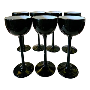 Mid Century Modern Carlo Moretti Stemware Cordials Black and White Cased Glass Stemware- Set of 7