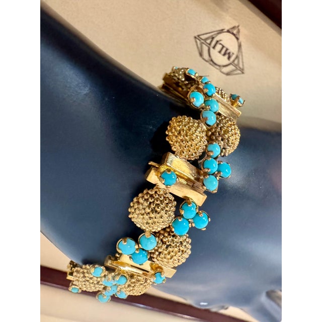 Contemporary Vintage Natural Turquoise Bangle /Bracelet in 14 Kt Yellow Gold 39.4 Grams For Sale - Image 3 of 18