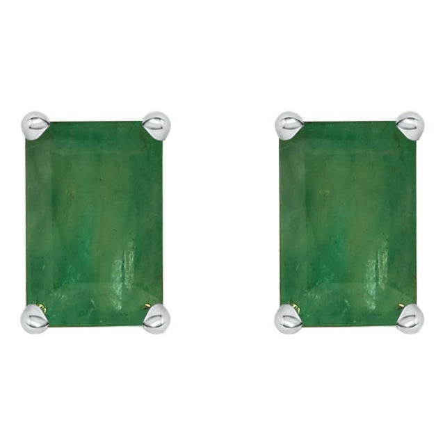 14K White Gold 6x4MM Emerald Shaped Emerald Solitaire Stud Earrings For Sale