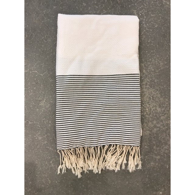 Off-white Handwoven Turkish Fouta Bath Towel Off White With Black Stripes and Fringe by Scents & Feel For Sale - Image 8 of 8