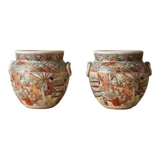 Pair of Japanese Satsuma Jars, Hand Painted Kutani Style Pottery, Vintage Oriental Vases With Handles, Signed Gilded Decor For Sale