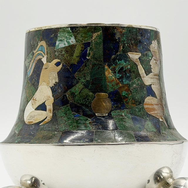 1970s Rare Los Castillo Tripod Vase With Malachite, Lapis, Azurite & Turquoise Inlay For Sale - Image 11 of 18
