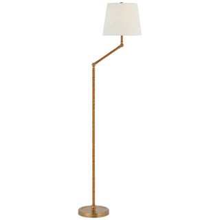 Chapman & Myers by Visual Comfort Signature Basden Bridge Arm Floor Lamp in Antique-Burnished Brass and Natural Rattan with Linen Shade For Sale
