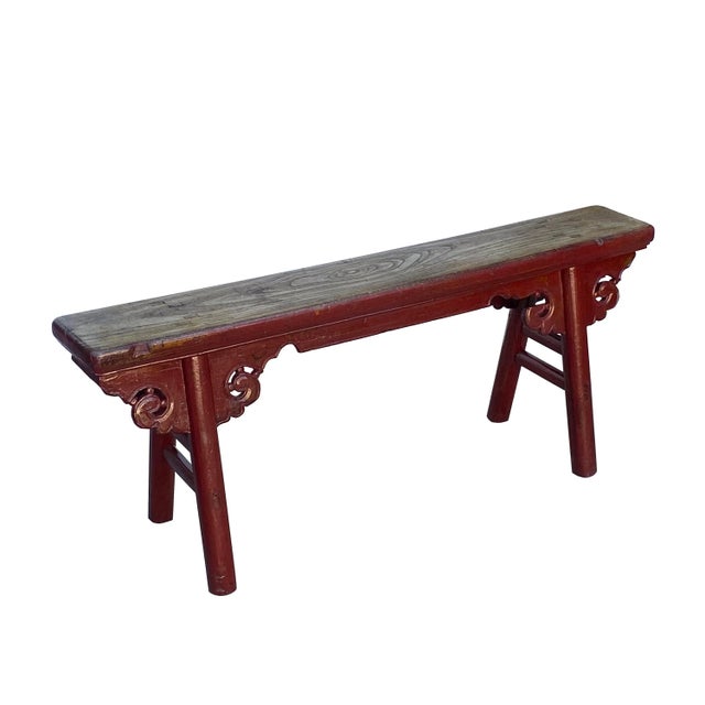 Rustic Vintage Brick Red Rural Village Rustic Slim Wood Seating Bench For Sale - Image 3 of 7