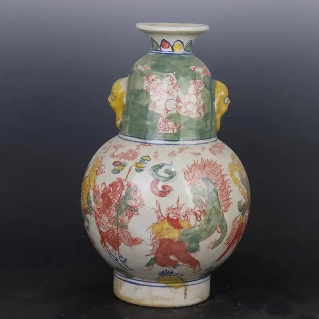 Art Deco Chinese Vintage Ceramic Vase,Blue and White Famille Verte Porcelain Gourd Vase Hand Painted General Figures Pattern For Sale - Image 3 of 8