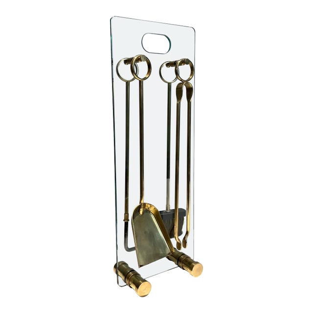 Glass and Brass Design Fireplace Tools - 5 Pieces For Sale