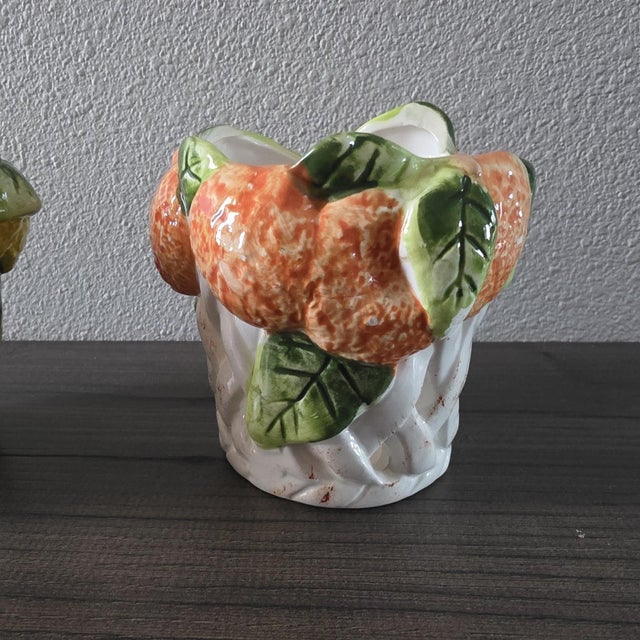1970s 1970s Majolica Lemon Orange Centerpiece Candle Holders / Planters - A Pair For Sale - Image 5 of 14