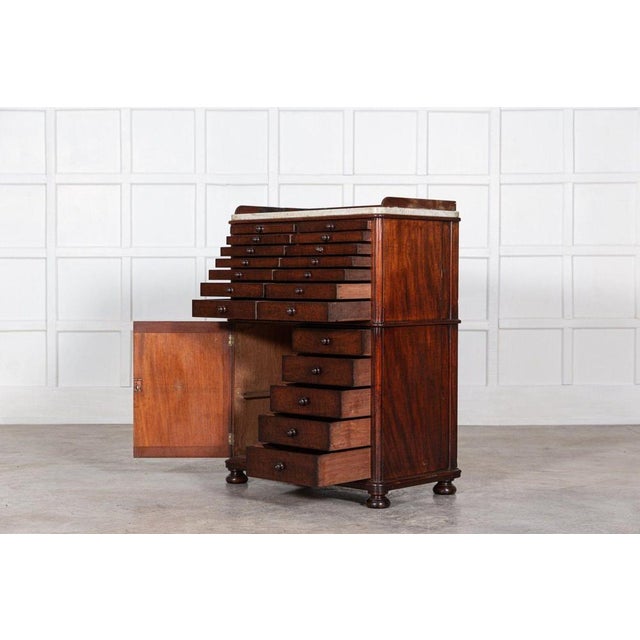 Circa 1860 19thC English Mahogany & Marble Top Collectors Cabinet with graduated drawers and false drawer cupboard door An...