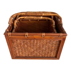 Vintage Woven Rattan Bamboo Handled Nesting Boxes Large Box 16”x12”x11” Smaller Box 13”x X9.5”x9.5”