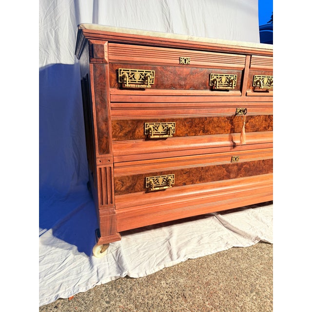 1870–1890 Antique Eastlake Walnut & Burl Marble-Top Chest of Drawers For Sale - Image 11 of 11