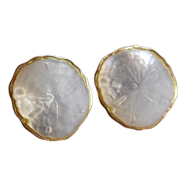 14k Gold Kabana Carved Mother of Pearl Sand Dollar Pierced Post Earrings, A Pair For Sale