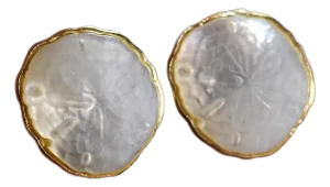 14k Gold Kabana Carved Mother of Pearl Sand Dollar Pierced Post Earrings, A Pair