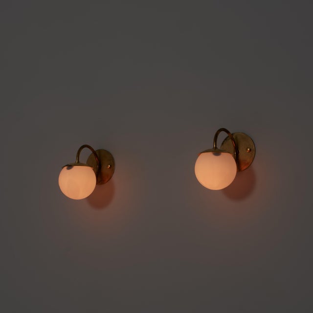 1950s Vintage Italian Brass and Opaline Glass Globe Wall Sconces, 1950s, Set of 2 For Sale - Image 5 of 7
