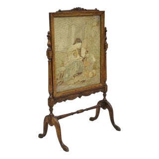 Antique French Victorian Carved Walnut and Needlepoint Fireplace Screen For Sale