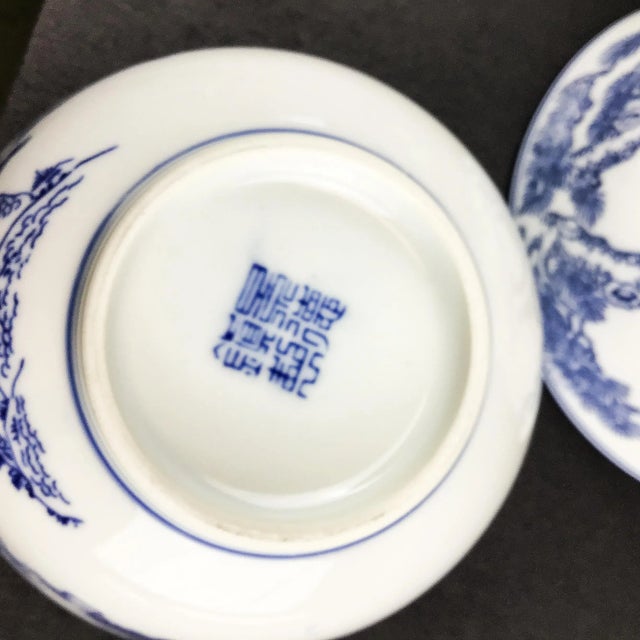White Vintage Chinese Hand Painted Underglaze Rice Bowls For Sale - Image 8 of 9