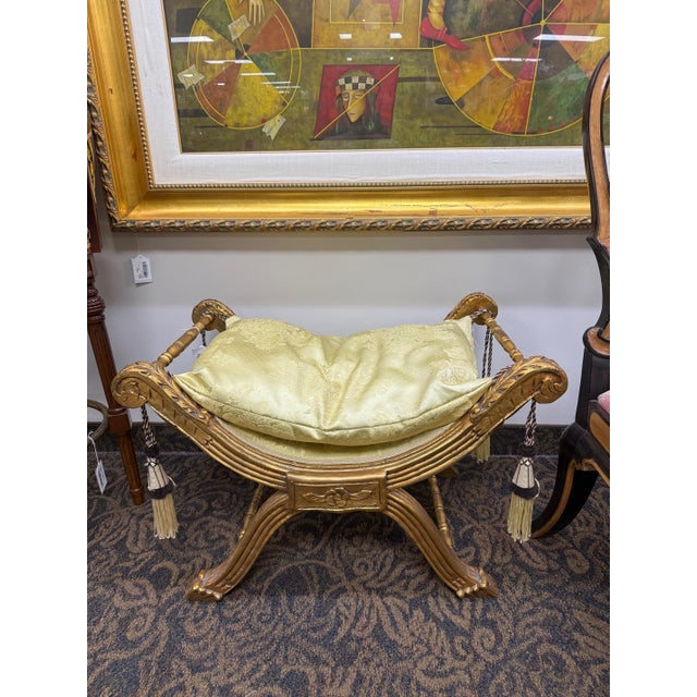 Wood French-Style Giltwood Upholstered Curule Vanity Bench in Pale Gold Damask For Sale - Image 7 of 9