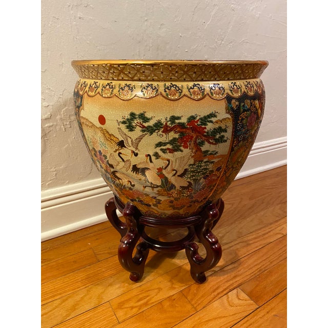 Vintage Japanese Royal Satsuma Hand Painted and Gilded Large Fish Bowl Planter on Stand Chairish