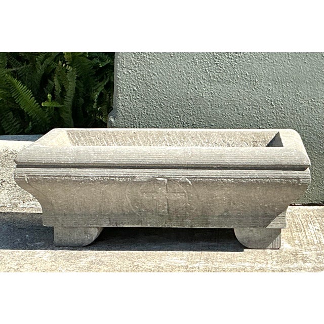 Rustic Vintage Engraved Stone Planter For Sale - Image 3 of 12