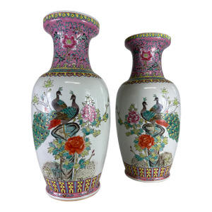 Mid-Century Chinese Export Handpainted Vases/a Pair