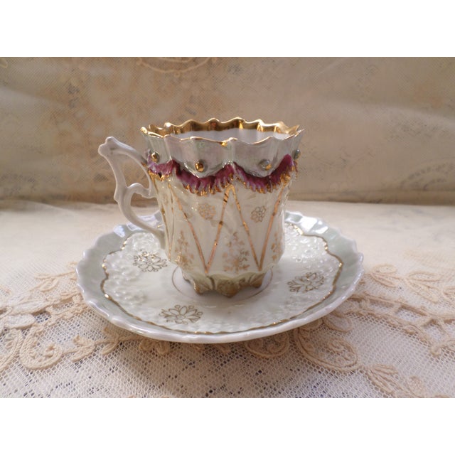 French Antique French Ornate Embossed Grey , Gold & Purple Tea Cup W/ Saucer For Sale - Image 3 of 8
