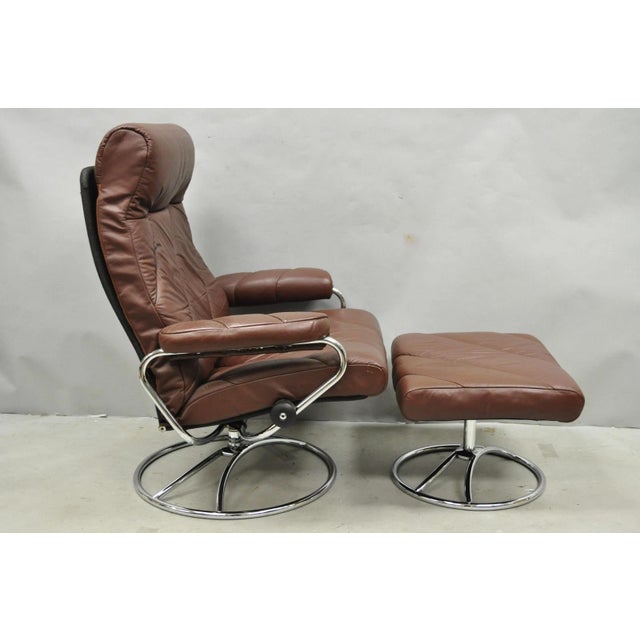Vintage Ekornes Stressless Brown Leather Reclining Swivel Lounge Chair & Ottoman. Listing includes the chair with the...