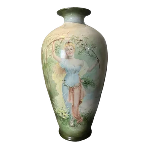 Antique Belleek 14.75" Hand Painted Porcelain Portrait Vase of a Maiden