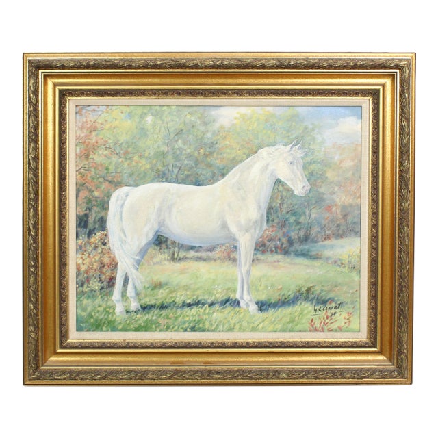 Vintage 1954 Impressionist Painting Portrait of White Horse Signed g.v. Conradt For Sale