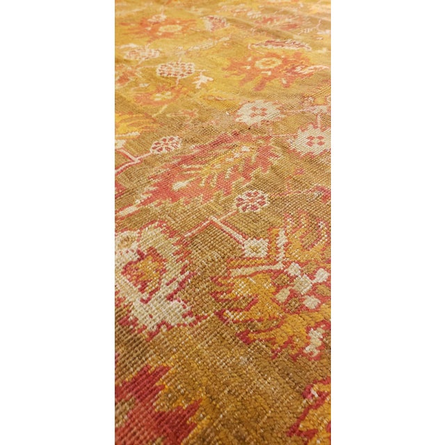 Antique Oushak Carpet, Oriental Rug, Handmade Green, Saffron, Ivory and Coral For Sale - Image 14 of 18