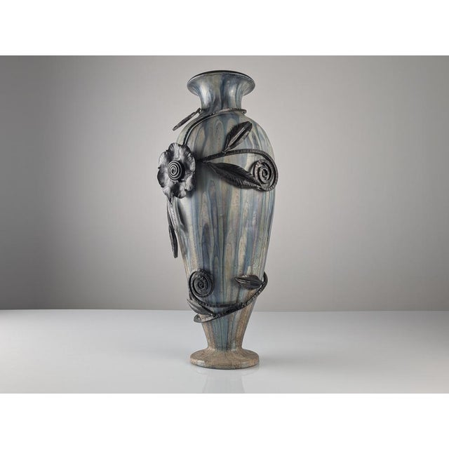Belgian Art Deco Stoneware and Wrought Iron Vase by Roger Guerin, 1930 For Sale - Image 10 of 15