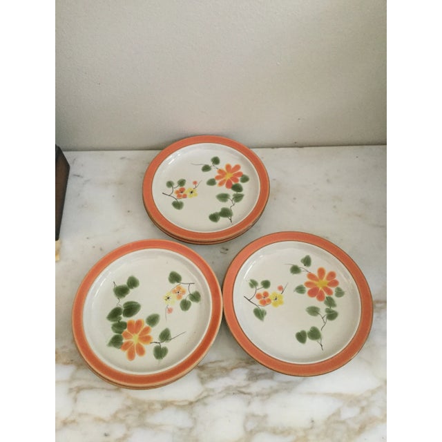 Boho Chic 1980s Casual Classic Stoneware Hand Painted Peach Blossoms Salad Plates- Set of 5 For Sale - Image 3 of 6