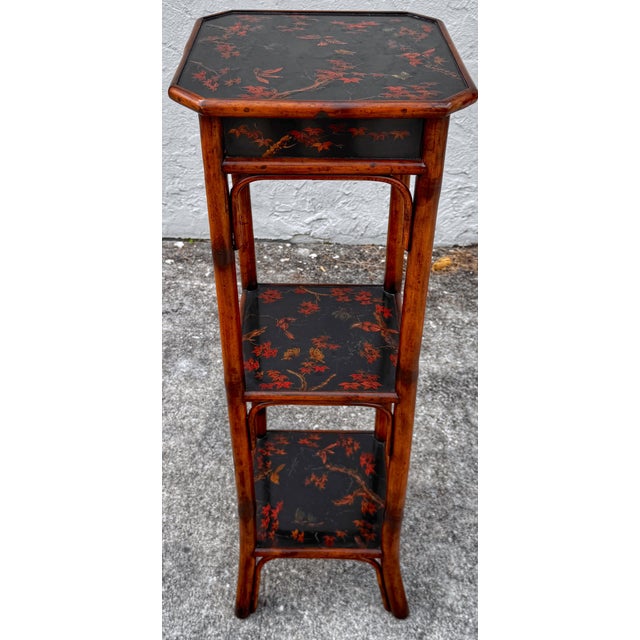 Brown Chinoiserie Lacquered Bamboo 3-Tier Pedestal & Drawer For Sale - Image 8 of 8