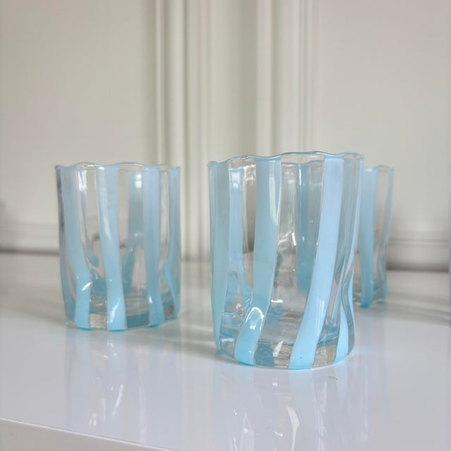Contemporary Riviera Blue Striped Italian Murano Glass Lowball Glasses With Scalloped Rim Set of 4 For Sale - Image 3 of 5