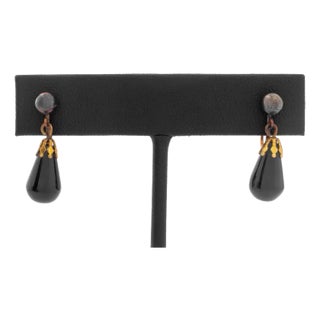 Victorian 14k Gold & Black Onyx Drop Earclips For Sale