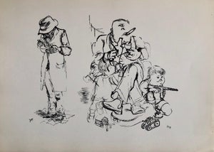 George Grosz, 1936 Lithograph Interregnum, Cigar, Kid w Toy Gun, Small Edition Weimar Germany, 1936