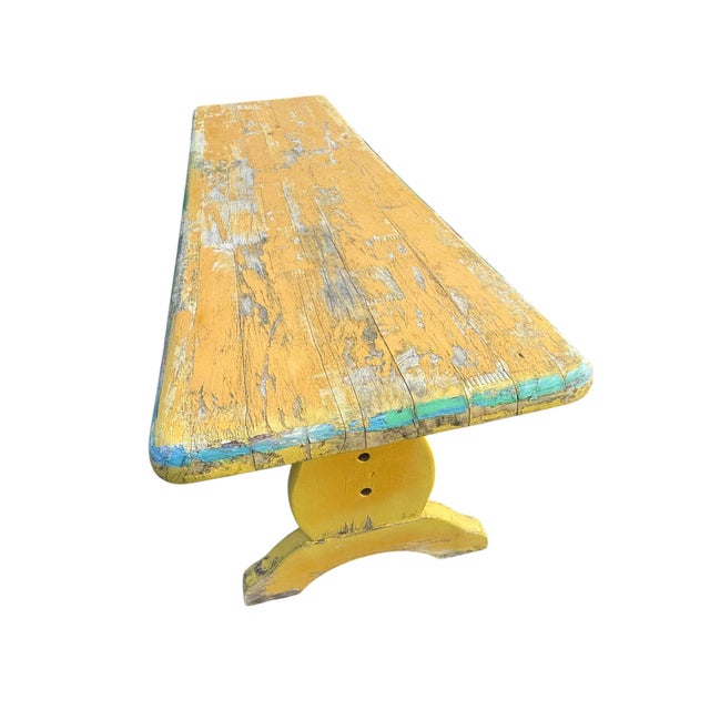 Yellow Vintage Trestle-Style Country Farmhouse Bench Storied Patina For Sale - Image 8 of 12