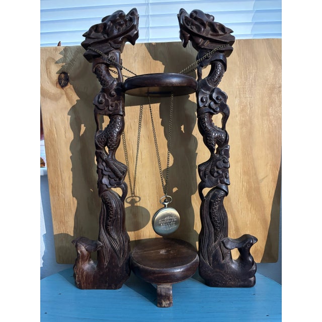 Japanese Antique Carved Wood Scabbard Footed Sword Holder With Dragon Beasts, Antique Carved Dragons Wood Pocket Watch Holder For Sale - Image 3 of 12