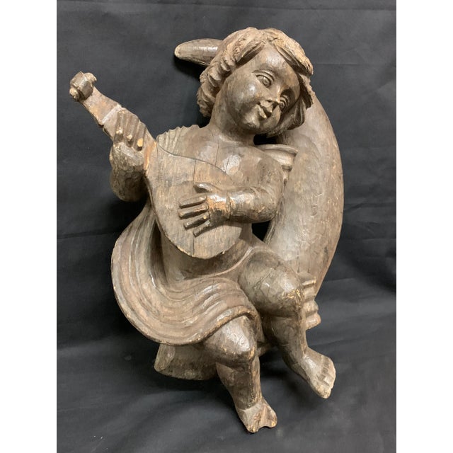 1920s Vintage Carved Wood Angel Playing Instrument Paper Mache Mold Takaan For Sale - Image 4 of 9