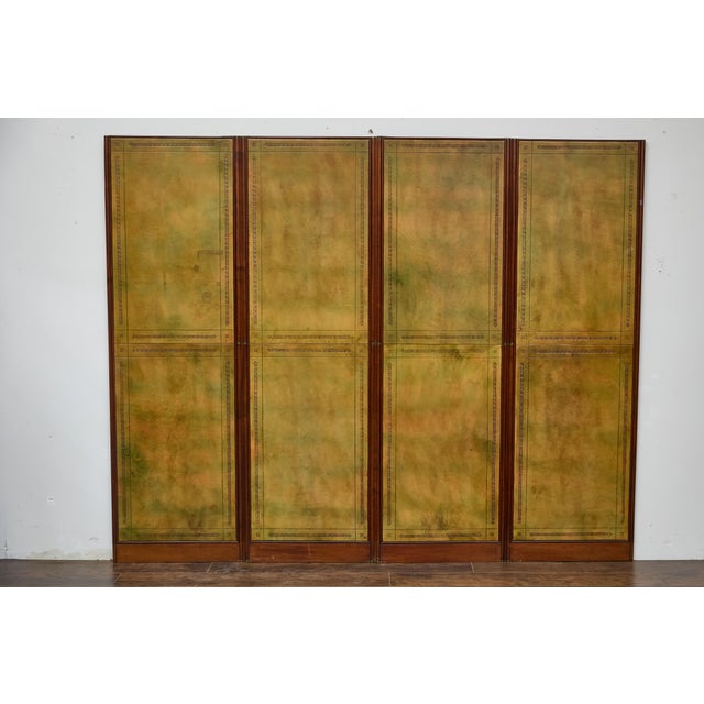 Antique English Leather Four-Panel Room Divider, Early 1900s Decorative Screen For Sale - Image 4 of 12