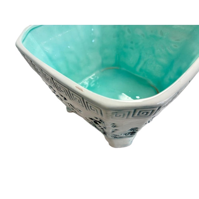 Mid-Century Blue White Chinoiserie Ceramic Footed Cachepot With Greek Key Border For Sale - Image 10 of 13