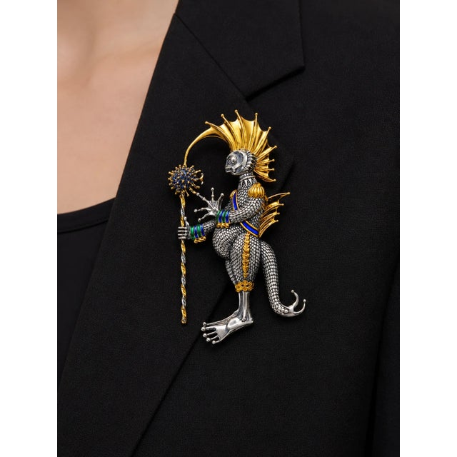 Modern Sterling Silver 22K Gilded Aquatic Warrior Mihail Chemiakin Brooch Pin For Sale - Image 3 of 3